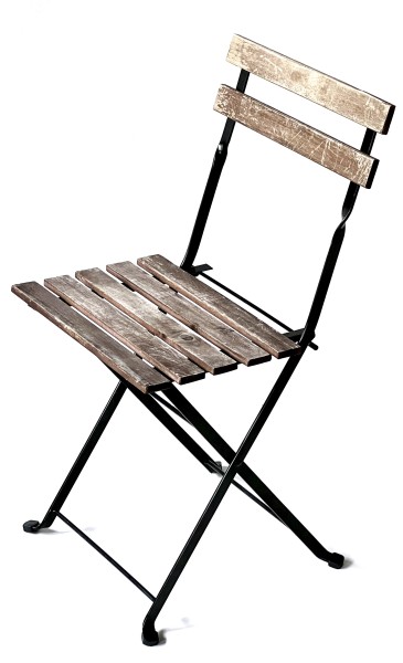 kleiner Stuhl Gartenstuhl, used, Holz, braun verwittert, schwarzes Gestell