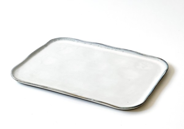 Platte Servierplatte Merci No°3 weiß beige creme bläulicher Rand