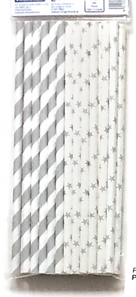 Strohhalme Papier silber mit weißen Streifen, weiß mit silber Sternchen, 20ziger Set mit je 6 Stück