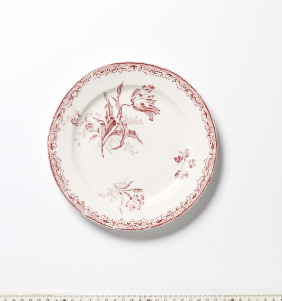 Teller ø 20 cm, rot weiß Blumenmuster, antik Frühstücksteller
