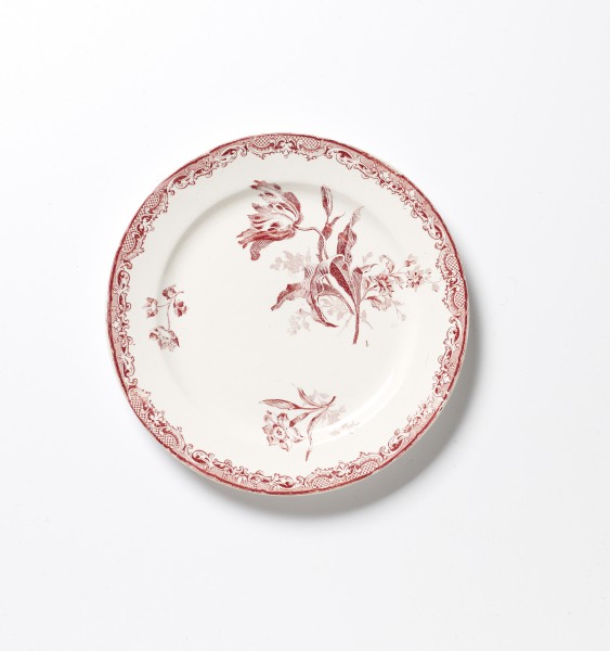 Teller ø 20 cm, rot weiß Blumenmuster, antik Frühstücksteller