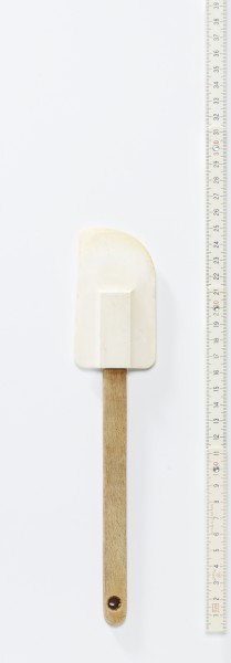 Teigschaber, Teiglöffel, alt, Plastik mit Holzgriff, 24,5 cm