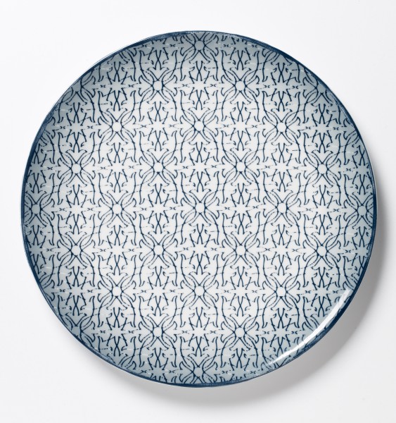 großer Teller Platte Essteller blaues Muster auf hellem Teller ø 30 cm